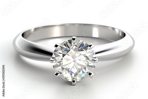 Round Brilliant Cut Diamond Solitaire Engagement Ring, White Background, 3d Rendering. Generative AI