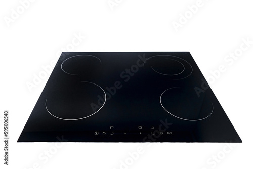 Flat cooktop cooking induction electric built black stove. Electric induction hob with ceramic tempered glass surface with white burners and touch control buttons panel isolated on white.