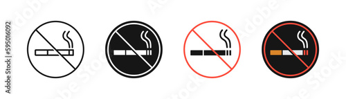 No smoke icon. Stop smoking symbol. Forbidden cigarette signs. Ban tobacco symbols. Prohibit nicotine icons. Black, red, flat color. Vector sign.
