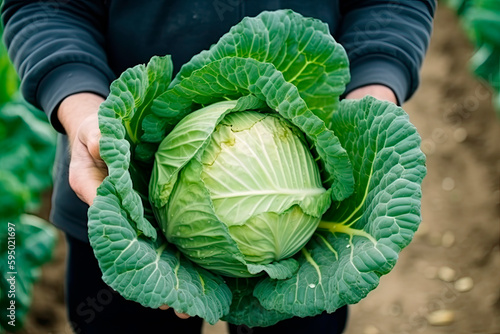 A man holds cabbage against the backdrop of a ripening field. Farmer's hands close up. The concept of planting and harvesting a rich harvest.