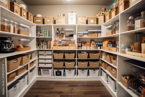 a well-organized pantry with labeled and dated food packages, created with generative ai