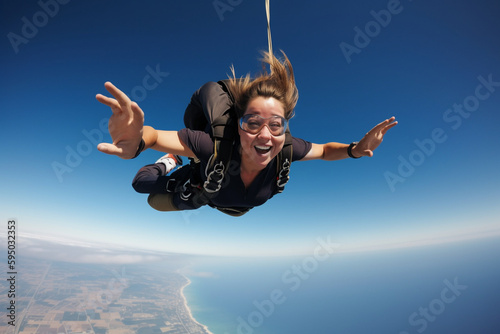 Young athletic woman skydiving and smiling. Generative AI