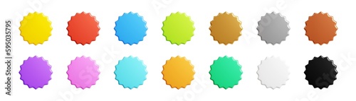 Starburst sticker 3d render set - collection of round sun burst or star shape badges for promo.