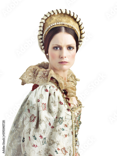 Woman, portrait and queen in royal fashion on isolated, transparent or png background. Theatre, face and lady with crown, vintage or clothing for medieval, show or rehearsal in elizabethan aesthetic