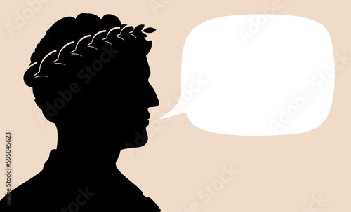 Talking Caesar with empty text bubble. Black silhouette flat style vector illustration.