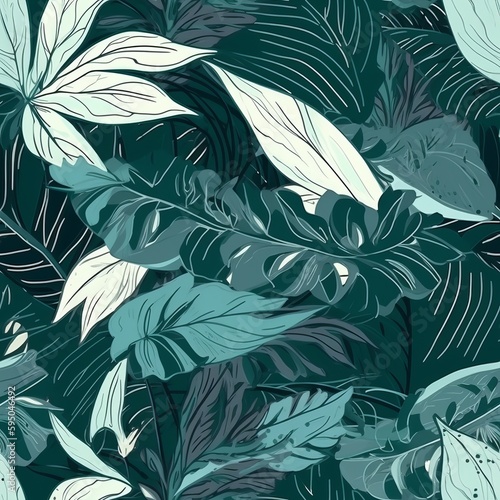 theoretical botanical foliage establishment in green, highlighting tropical plants, makes, make plans, and leaf branches - come full circle as a establishment. Seamless pattern, AI Generated