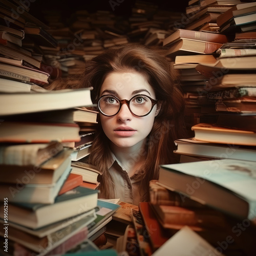 Junge Frau zwischen alten Büchern - Generative AI