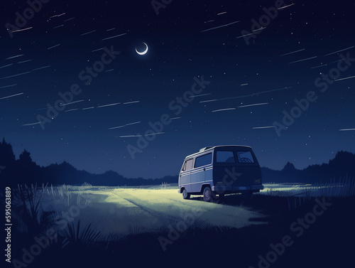 A Cartoon of a Van Parked under a Night Sky | Generative AI