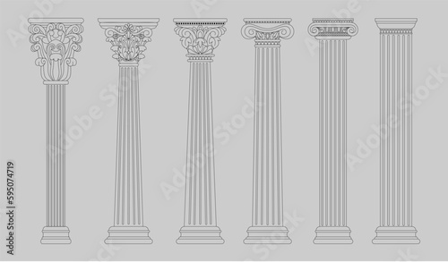Roman, greek columns. Antique rome pillar, classic baroque temple, ancient doric architecture. Building facade with carved stone decorations. Line isolated elements. Vector tidy decor