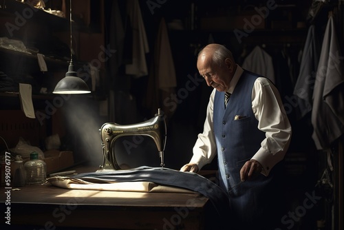 Senior old man tailor ironing and repairing suit. Old traditional jobs concept. Generative AI