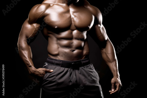 Muscular male torso on dark background. Generative AI