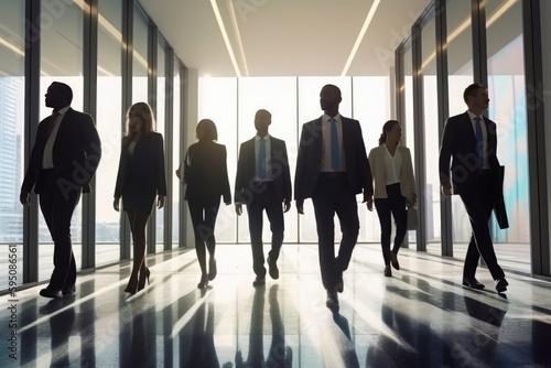 group of business people walking side by side together in office with tall large windows, elite business suit high rank society discussion, generative ai