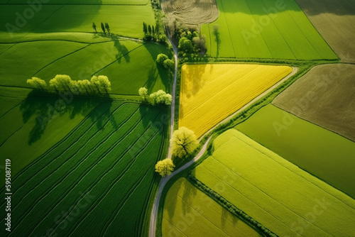 View from above of the rice paddy fields. Generative AI.