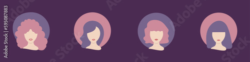 Female avatars in a circle with girls with bangs hairstyles in purple and pink colors