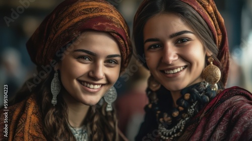 Smiling central asian young women looking at the camera. Generative AI