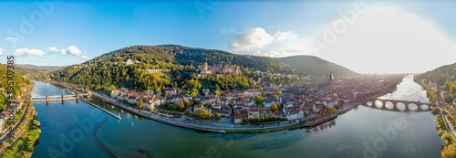 Panorama on Heidelberg. Castle, Neckar river, bridge. Baden Wurttemberg. Germany