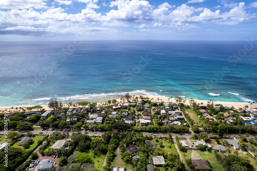 Aerial view of the north shore of Oahu, Hawaii, overlooking Ehukai Beach known for its large winter waves