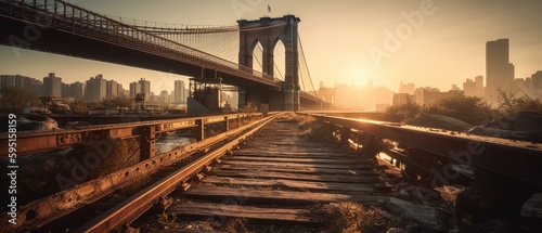 Realistic Post Apocalypse Landscape illustration of brooklyn bridge at sunset pano generative ai