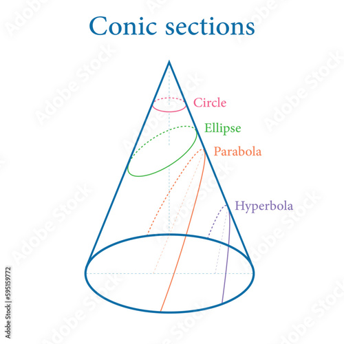 Types of conic sections. Circle, Ellipse, Parabola and Hyperbola. Vector illustration isolated on white background.