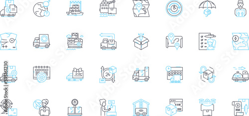 Prompt delivery linear icons set. Swiftness, Efficiency, Rapidity, Punctuality, Expediency, Alacrity, Timeliness line vector and concept signs. Dispatch,Quickness,Acceleration outline illustrations