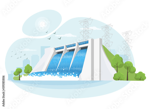 Hydroelectric clean power plant station factory. Renewable green sustainable hydropower energy generation with water flowing out reservoir dam. High-voltage power lines.
