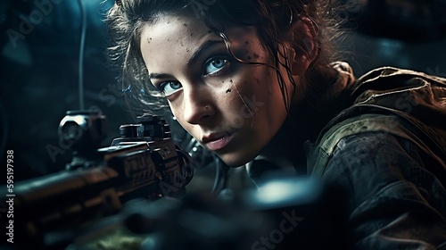 extreme low angle cinematic action upper body photograph of a beautiful rebel woman sniper lying on the ground wearing fighting suit and firing her laser rifle, epic action scene. generative AI
