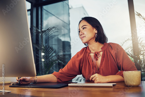 Asian woman, drawing and digital tablet of graphic designer, writing or sketching at office. Creative female with smile in design working late at night on project deadline on technology for startup