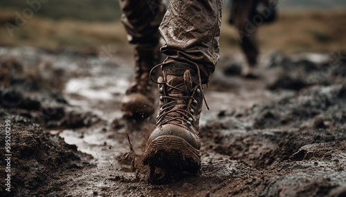 Military men hiking through muddy forest terrain generated by AI