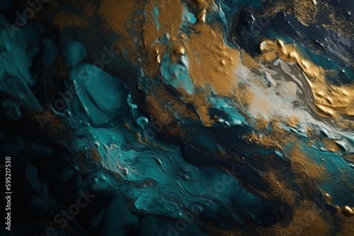 Ciemny, płynny mix złota i turkusu - Dark liquid mix of gold and turquoise - AI Generated