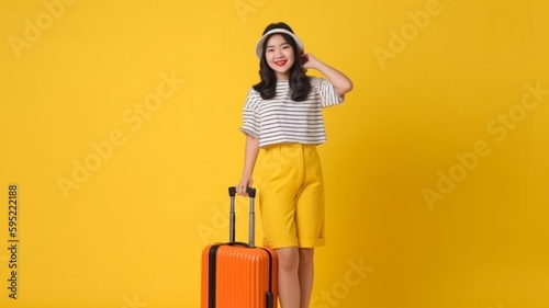 Detailed photo of a young Asian woman wearing colorful clothing. Enjoy the journey with your luggage, gorgeous smile, pleasant expression, and yellow background while gazing into the camera. AI genera
