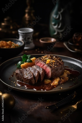 Expensive steak on a luxurious dinner plate. Food photography created using generative AI tools