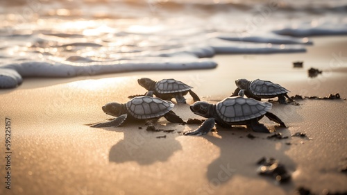 AI Generated. AI Generative. Macro shot of turtles running to the water ocean sea. Photo of national geography style. Graphic Art Illustration.