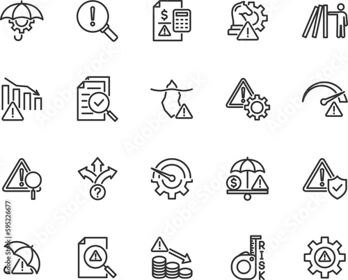 Vector set of risk management line icons. Contains icons risk analysis, loss minimization, investment plan, management decision, risk assessment, audit and more. Pixel perfect.