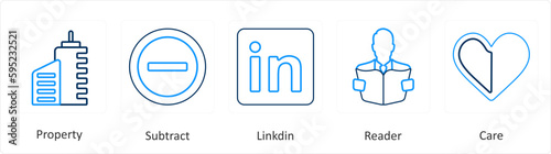 A set of 5 mix icons as property, subtract, linked in