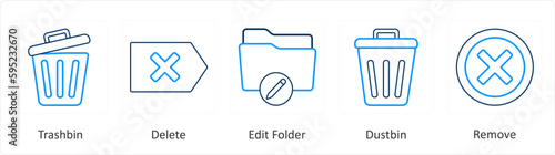 A set of 5 mix icons as trash bin, delete, edit folder