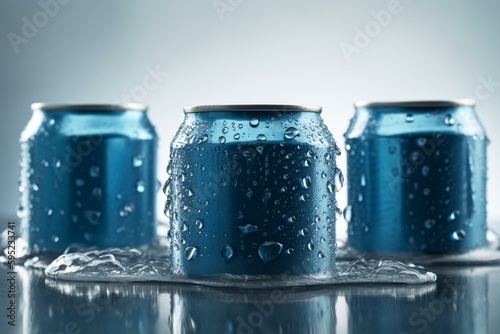 Blue water droplets on rustling nectar cans isolated on white. Generative AI