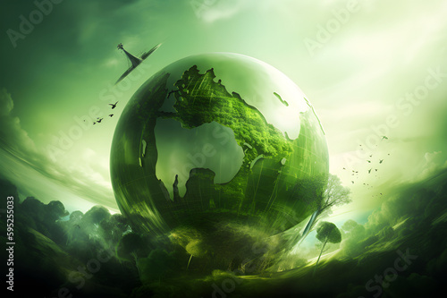 Green Planet concept. The boll in the sight of the Earth. Generative AI