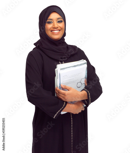Study, portrait and muslim woman isolated on transparent, png background for university, education and happy learning. Islamic or arabic student or person in hijab with books for research or studying
