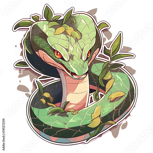 cute green snake sticker. Illustration. Generative AI
