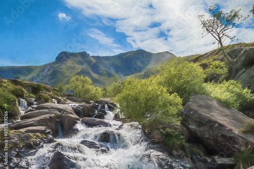 Digital painting of a Llyn idwal a waterfall running down the mountainside at Cwm Idwal located in the Nant Ffrancon Valley.