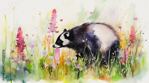 Watercolor painting of a beautiful skunk in a colorful flower field. Ideal for art print, greeting card, springtime concepts etc. Made with generative AI.