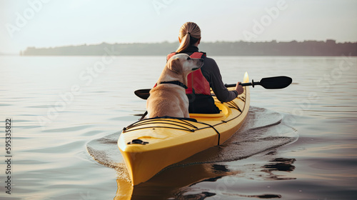 Woman and her dog kayaking, Generative AI