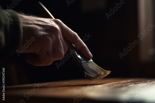 Close-up, a person hand holds a brush and applies paint or varnish to a wooden surface. Applying lacquer paint on wooden board or table in workshop. Generative AI