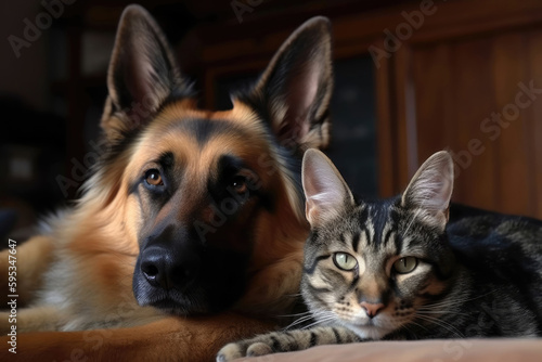 Two Best Friends, German Shepherd And Calico Cat, Taking Nap. Generative AI