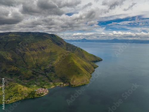 Aerial view of lake Toba lies in the northern part of Barisan Mountain Range. Sumatra, Indonesia.