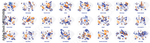 Mega set of isometric concepts. Contains such Business, Development, Travel, DevOps, Cloud Computing, Analysis and more. Bundle illustrations. Isometry vactor illustrations for marketing material.