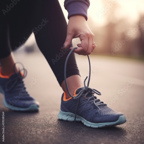 Hands, shoes and person with laces in preparation of fitness, running and morning cardio outdoors. Sneakers, runner and athletic people workout in a city for wellness . generative ai
