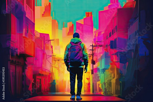 Person walking in a colorful city with reality and color distortion, generative ai illustration