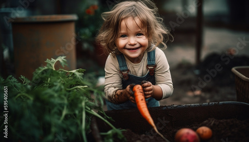 Smiling Caucasian child holding fresh vegetables outdoors generated by AI