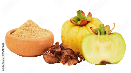 Dried ,fresh and powder garcinia fruits on transparent background.